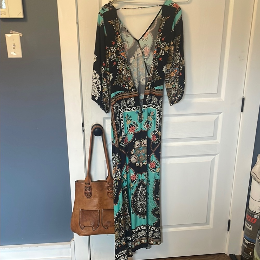 FARM Rio Blue and Green Wrap Gown with Plunge Neckline